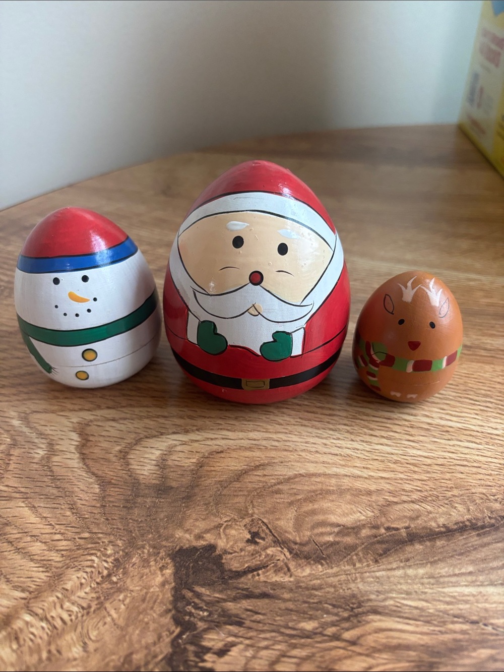 Christmas Nesting Doll Set Santa Claus Snowman Reindeer Vintage Wooden 3.5"